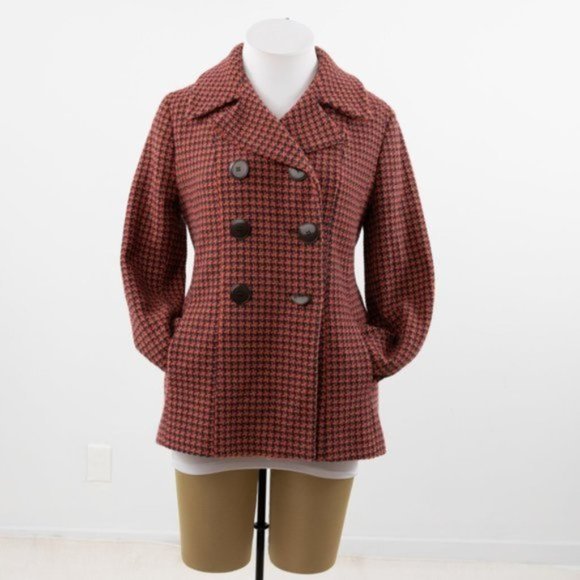 Vintage 10 Wool Houndstooth Tweed Pea Coat Coral - Picture 3 of 10